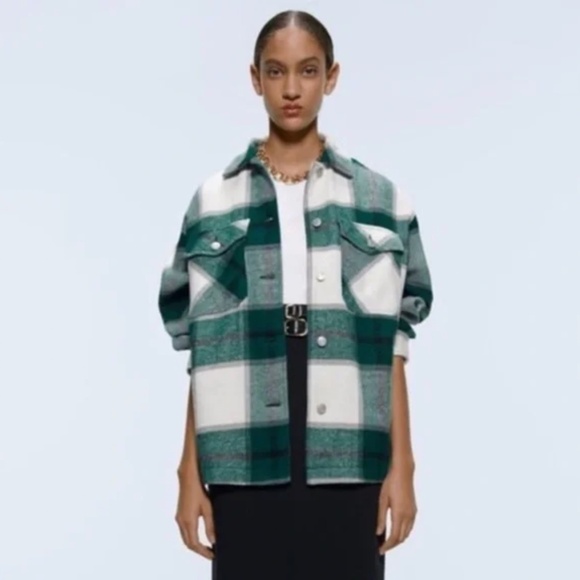 Zara Green and White Plaid Unlined Button Down Shirt Jacket Shacket - Picture 1 of 5